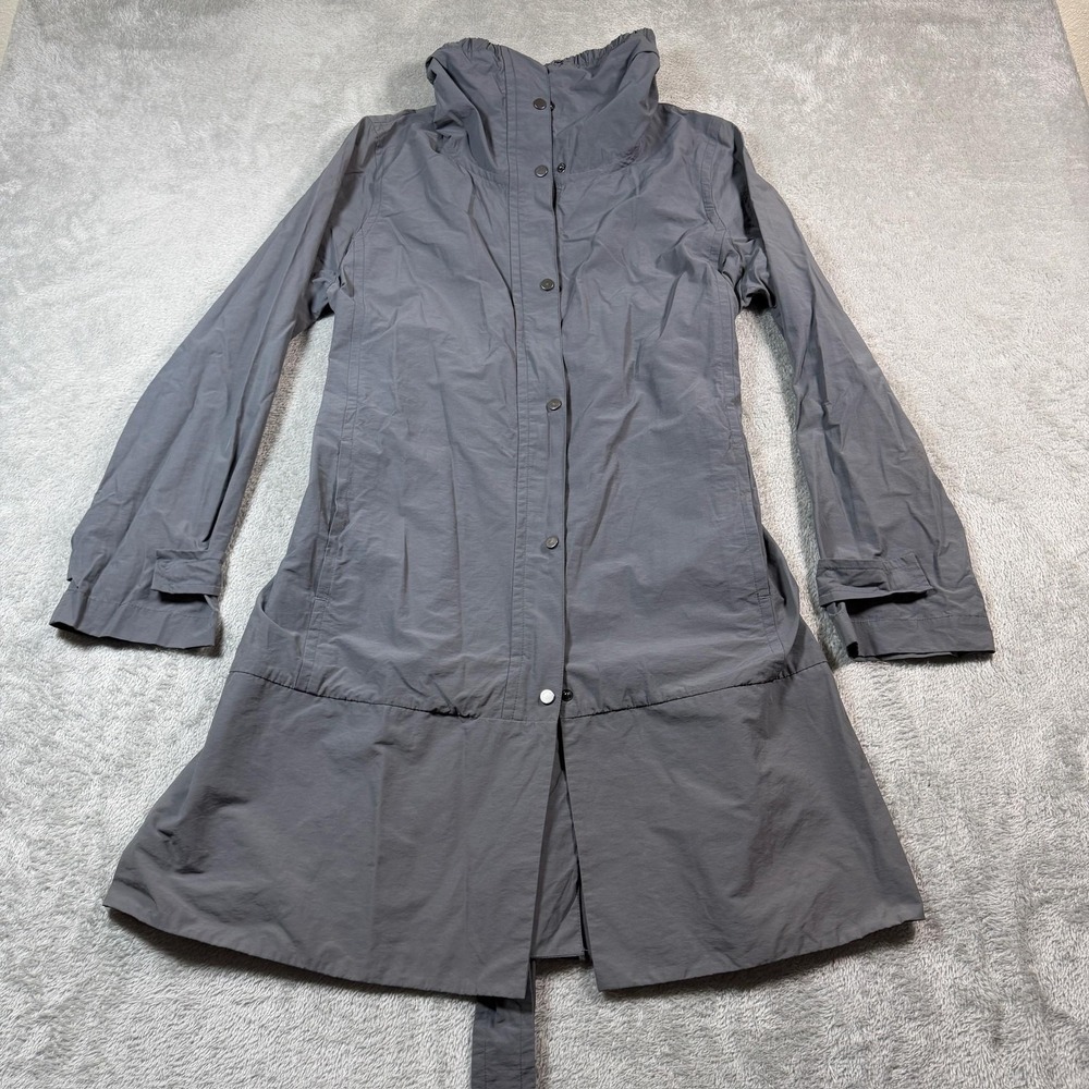 Eileen Fisher Coat Womens PL Gray Cotton Blend Hooded Belted Snap Raincoat